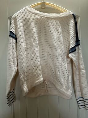 Lightweight cream  Open-Knit Sweater with Navy and light blue  Stripe Detail.